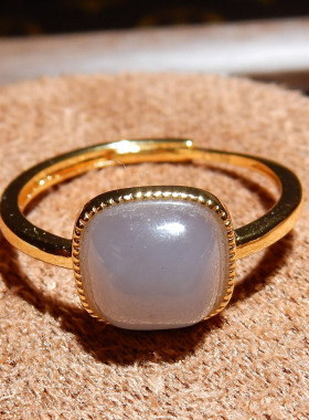 和田玉【青海料烟紫戒指】925 银镶方糖款 国风轻奢男女指环