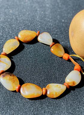 新疆和田玉籽玉手串时尚百搭精美手链红金皮白玉手链单圈