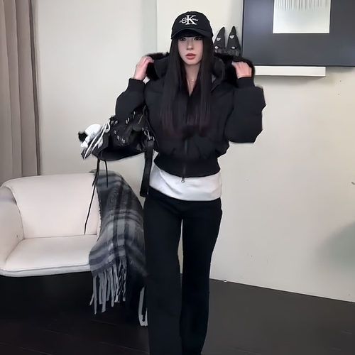 今年流行爆款毛领连帽白鸭绒收腰加厚短款羽绒服女冬季小棉袄外套 - 图1