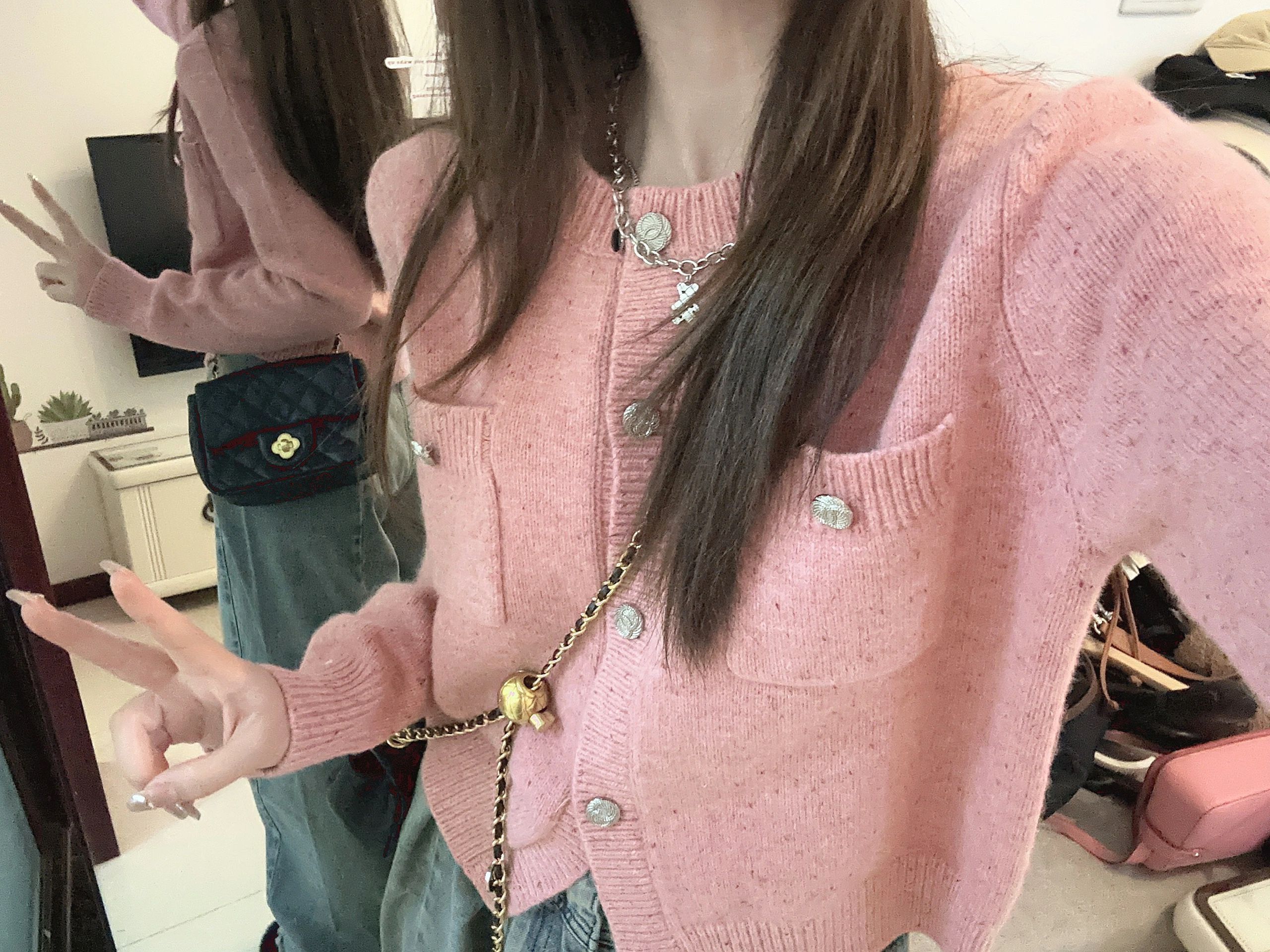 秋季茶系穿搭一整套小个子微胖显瘦软糯毛衣休闲牛仔裤两件套装女 - 图2