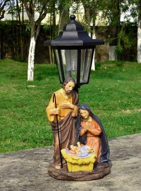 跨境新款圣诞马槽太阳能灯摆件户外阳台草坪花园路径氛围灯雕像