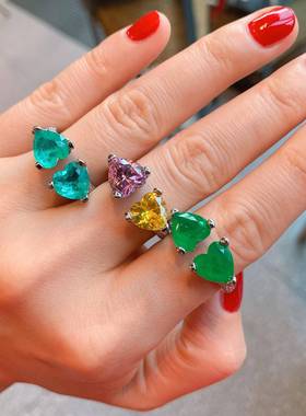 跨境欧美心形仿真珠宝戒指女帕拉伊巴祖母绿气质简约开口工厂