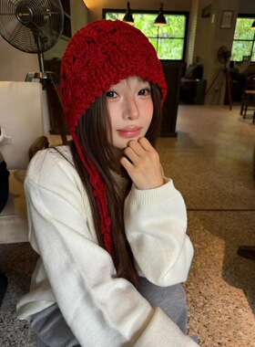 川西旅游花朵流苏红色毛线帽子女秋冬针织包头帽护耳显脸小套头帽
