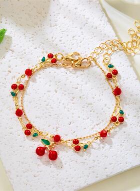 跨境小清新红色樱桃水晶项链手链脚链套装百搭多巴胺小众饰品女
