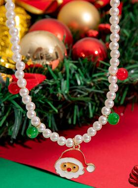 欧美跨境圣诞节雪人吊坠珍珠项链女百搭红绿色秋冬卡通毛衣链女