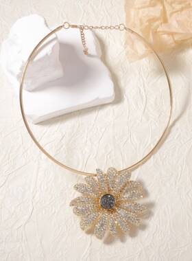 跨境欧美时尚个性复古合金满钻精致重工大花朵吊坠项圈晚会宴会款