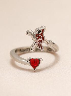 temu亚马逊红色小鸟桃心戒指
