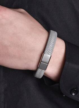 WISH亚马逊爆款首饰钛钢编织皮手镯欧美时尚简约男女手环白色