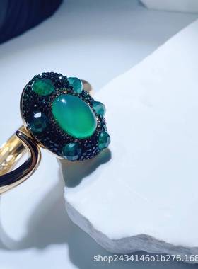 文艺复古式手镯侧面开口镶嵌手作马来玉大气时尚饰品欧美百搭女款