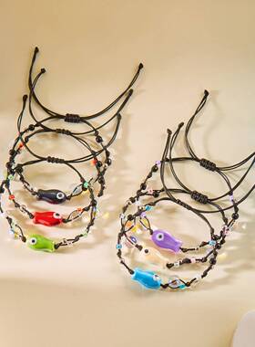 欧美跨境简约时尚卡通陶瓷鱼彩色米珠编织手链女手工编织黑色手绳