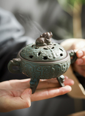 陶瓷香炉 仿古青铜纹家用盘香檀香炉中式禅意家居装饰摆件香薰炉