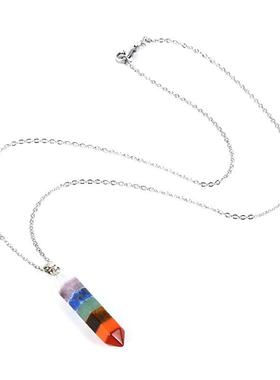 跨境热销天然水晶灵摆七彩粘合切面吊坠锥形六角柱项链饰品
