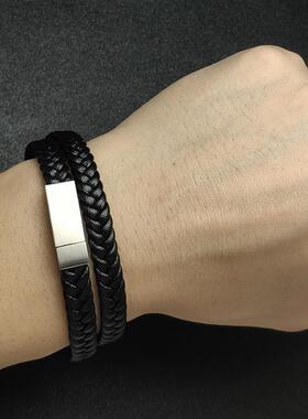 跨境爆品男生女士简约双圈编织黑色皮手链韩版百搭不锈钢饰品