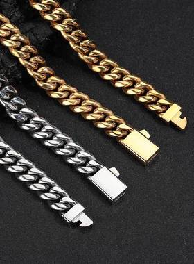 欧美跨境嘻哈弹簧扣不锈钢链条加密古巴链钛钢饰品男士项链