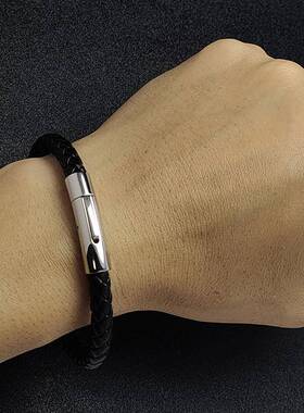 亚马逊爆款饰品男女士手工编织皮手链不锈钢百搭简约精品首饰