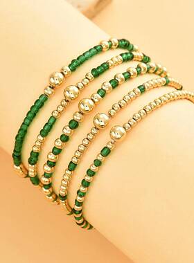 欧美跨境新款甜美森系绿色米珠串珠弹力线多件套手链撞色手饰女
