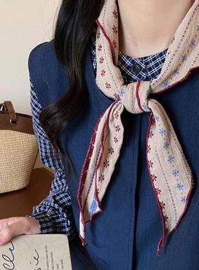 复古文艺条纹棉麻丝巾女出游护颈装饰三角巾系脖领巾日韩百搭围脖