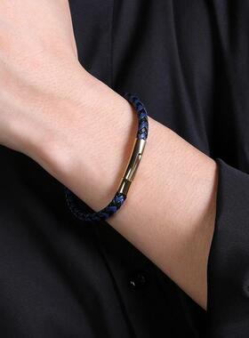 韩版潮流首饰男士女士编织绳皮手链蓝色简约金色钛钢按扣手环