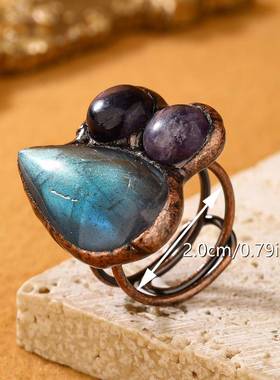一个复古风天然拉长石组合紫晶圆饼开口可调个性戒指女士派对礼物