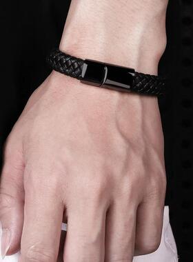 WISH亚马逊爆款手饰钛钢黑色编织皮手镯欧美时尚简约男女手环
