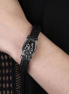 亚马逊新品欧美男士朋克骷髅骨头手链不锈钢磁铁扣精品皮手环