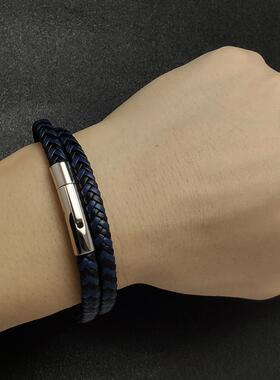 亚马逊爆品男女士简约双圈编织皮革拼色手链情侣百搭手腕饰品