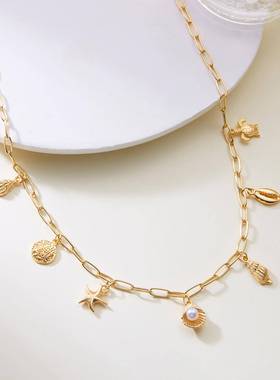 亚马逊跨境新款海星海螺贝壳乌龟吊坠项链女沙滩度假风百搭项链夏