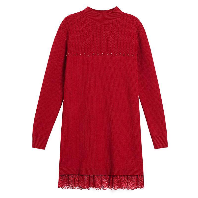 秋冬新款针织连衣裙女一体加绒加厚毛衣中长款内搭蕾丝打底羊毛衫,淘宝优惠券,粉丝福利购,淘宝优惠卷