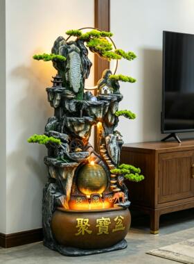 客厅入户门旁落地假山流水喷泉装饰物水循环加湿水景观风水转运球