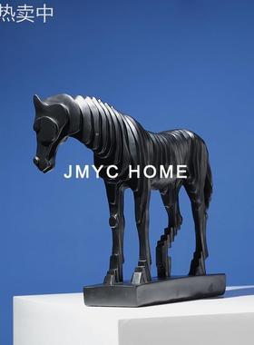 简约现代树脂抽象线条黑白马摆件酒店酒柜售楼处客厅家居软装饰品