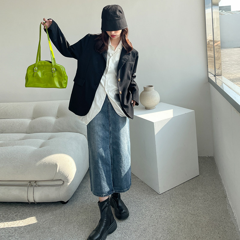 复古做旧开叉牛仔女四季百搭半身裙 拿黛半身裙