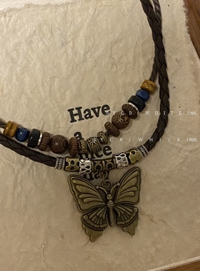 「昭和蝴蝶」vintage双层串珠项链小众设计感气质锁骨链毛衣链