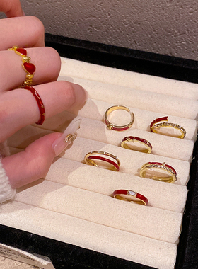 安可拉红色滴釉开口戒指女