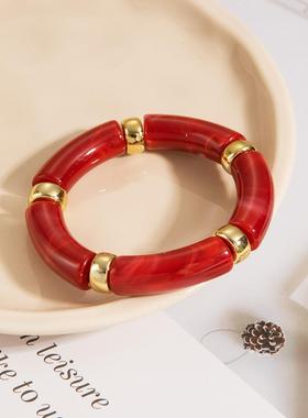 欧美时尚个性新品亚克力弯管手镯弧形竹管多色复古大理石纹手串