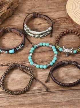 TEMU希音欧美复古牛头仙人掌串珠手链木珠多层皮革6件套男士手环