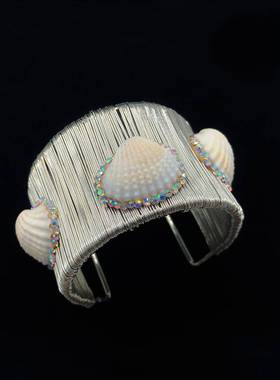 欧美跨境电商铁丝绕线宽边手镯手工镶嵌贝壳开口手镯新款厂家