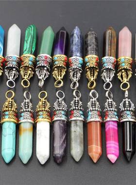 新款爆款亚马逊速卖通热卖天然石半宝石古金古银皇冠头六角柱吊坠