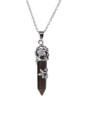 跨境热销天然六角柱紫水晶粉晶虎眼石项链复古银色玫瑰花梅花吊坠