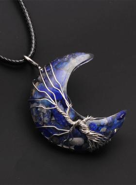 欧美天然碎石七彩树脂月亮吊坠项链手工绕线生命树吊坠水晶项链