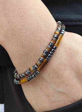 欧美热卖圆柱黄虎眼黑胆石天然石串珠手链简约复古男士手串跨境