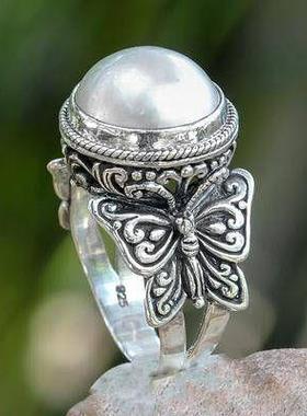 禾呈wish新款饰品欧美简约复古对称蝴蝶白色珍珠女士订婚周年戒指