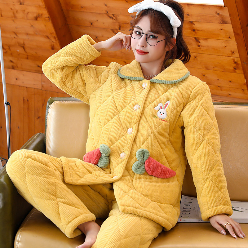 冬加厚三层夹棉超厚棉袄珊瑚绒睡衣 洛伊柔睡衣/家居服套装