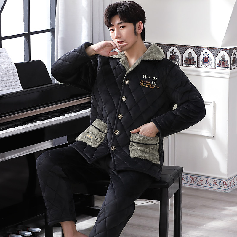 男士冬季加绒三层夹棉珊瑚绒睡衣 洛伊柔睡衣/家居服套装