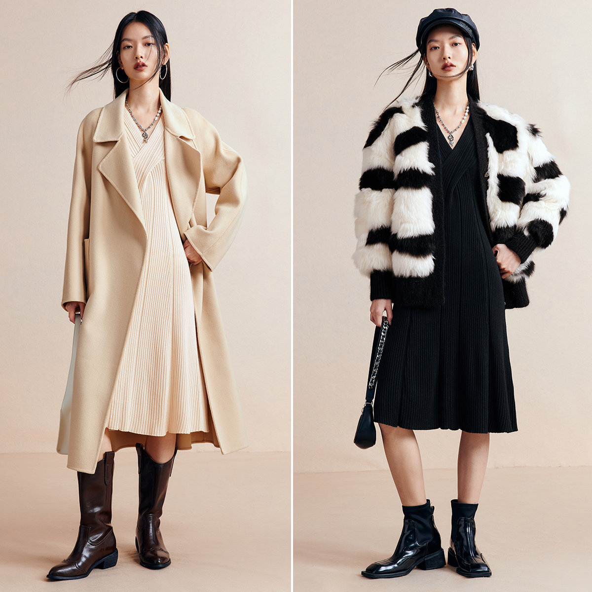 太平鸟针织秋冬新款优雅长袖连衣裙 太平鸟outlets店连衣裙