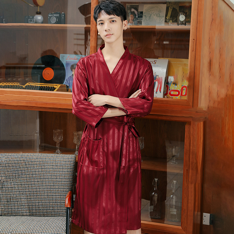 roseroom旗舰店睡袍男夏薄款冰丝男浴袍一体式春秋长款大码加肥宽松丝绸男士睡衣3