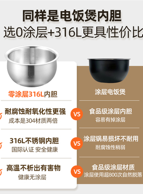 316L不锈钢0涂层内胆适用九阳电饭煲5L升F50FY-F535/F545麦饭石锅