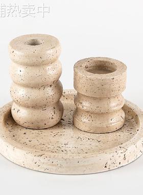 侘寂风仿洞石烛台摆件复古样板间民宿玄关艺术圆柱蜡烛台软装饰品