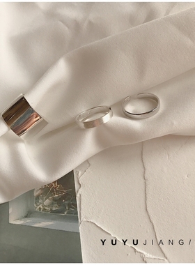 韩国ins同款925纯银冷淡风光面宽戒指极简百搭个性拉丝素银食指戒