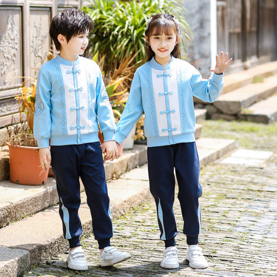 小学生班服春秋套装盘扣汉服中国风幼儿园园服唐装运动会纯棉蓝色