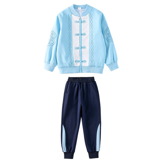 小学生班服春秋套装盘扣汉服中国风幼儿园园服唐装运动会纯棉蓝色